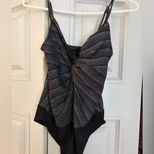 iris Black Ribbed Top with Metallic Trim